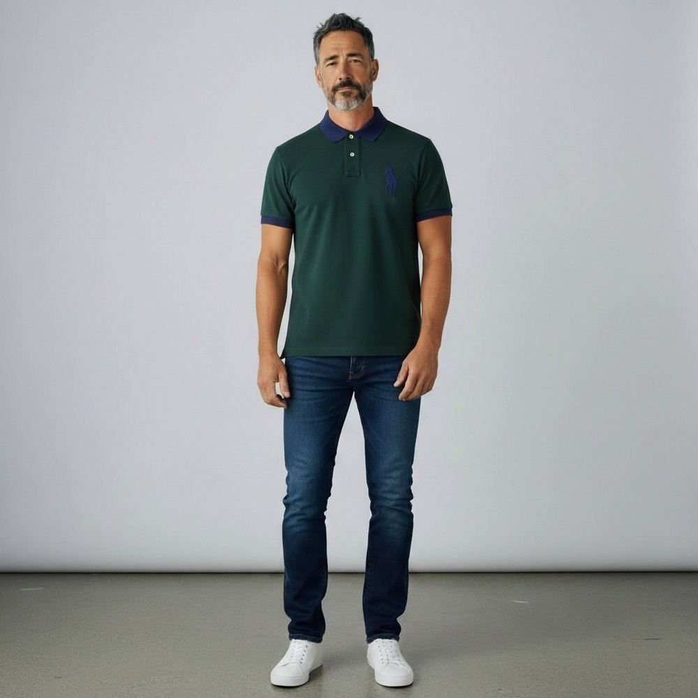 Polo Ralph Lauren Mens Classic Fit Big Pony Polo Shirt Green Navy Large
